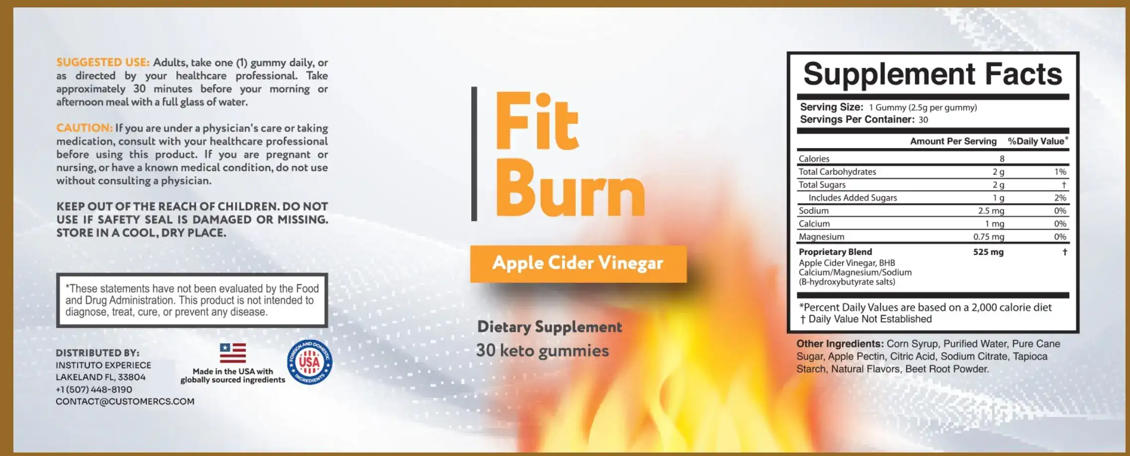 Fit Burn supplement facts label ACV BHB Tulsi Oleuropein Bariatric Seed 525mg blend